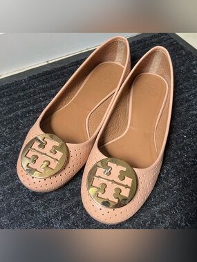 Tory Burch Blush Pink Leather Logo Round-Toe Ballet Flats